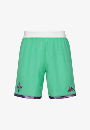 Short de sport vert avec taille élastique blanche, logo violet sur la jambe gauche, et bordure violette avec un motif tie-dye aux bords.