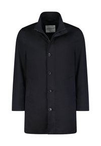 Sort, vandafvisende frakke med høj krave, fem knaplukning foran, sidelommer og en glat tekstur. Brandlabel synlig indeni.