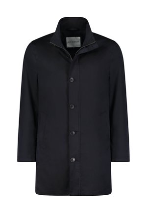 Manteau noir, résistant à l'eau, avec un col haut, fermeture à cinq boutons à l'avant, poches latérales et texture lisse. Étiquette de marque visible à l'intérieur.
