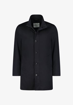 Zwarte, waterafstotende jas met een hoge kraag, vijf knoopsluiting aan de voorkant, zijzakken en een gladde textuur. Merklabel zichtbaar aan de binnenkant.