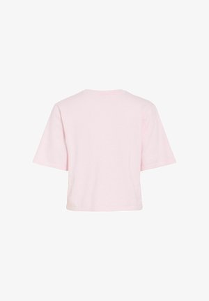 T-shirt rose clair à manches courtes et coupe courte avec un col rond, vue de dos sur un fond blanc.