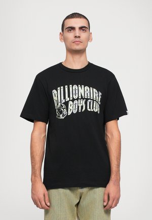 Black short-sleeve T-shirt featuring "Billionaire Boys Club" graphic in silver and white print, crew neckline, and relaxed fit.