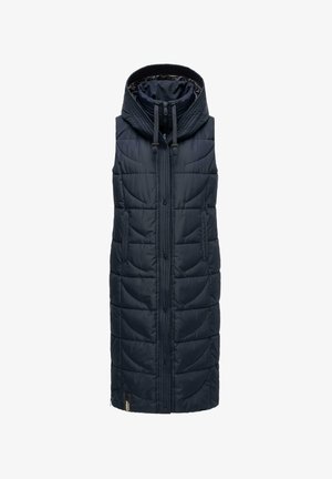 Long navy blue quilted sleeveless puffer vest with a hood, front zipper, snap buttons, and two side pockets.
