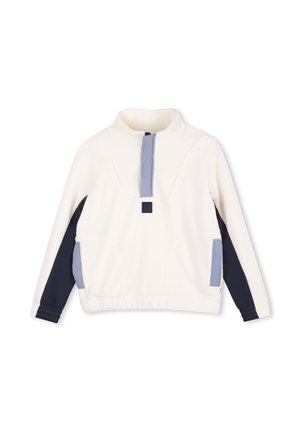 Langarm-Pullover mit Viertelreißverschluss, weißer Körper, marineblaue Ärmel und hellblaue Akzente an Reißverschluss und Taschenbereichen.