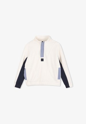 Pull-over à manches longues avec fermeture éclair quart, corps blanc, manches bleu marine et accents bleu clair sur la fermeture éclair et les zones de poche.