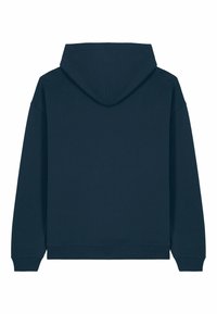 Felpa con cappuccio blu navy, caratterizzata da una vestibilità morbida, maniche a costine e orlo a costine, realizzata in un morbido materiale misto cotone. Senza grafiche o dettagli visibili.