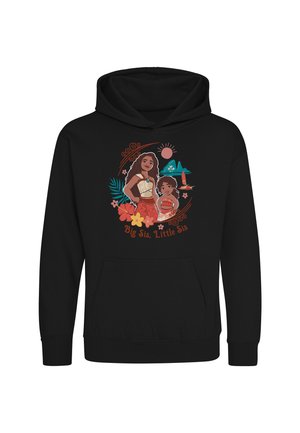 Sweat à capuche noir avec un design coloré de deux filles polynésiennes entourées de fleurs, de soleil, d'océan et le texte "Big Sis, Little Sis".