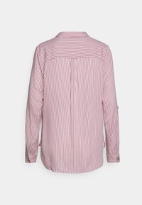 Chemise à manches longues boutonnée avec des rayures verticales roses et blanches, vue de dos sur un fond blanc uni.