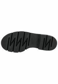 Czarna gumowa podeszwa buta z zygzakowym wzorem bieżnika, zaokrąglonymi krawędziami i gładką powierzchnią z delikatnymi rowkami. Trwały i teksturowany design.