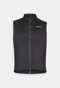 Chaleco de ciclismo negro con cuello alto, cremallera frontal, material ligero y logotipo de GripGrab en la parte superior izquierda. Textura suave.