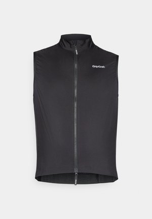 Czarna kamizelka rowerowa z wysokim kołnierzem, zamek z przodu, lekkiego materiału oraz logo GripGrab w górnym lewym rogu. Gładka tekstura.