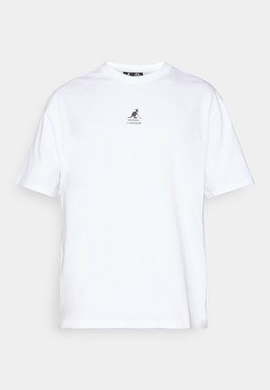 White cotton t-shirt with a round neck, short sleeves, and a black kangaroo logo printed on the chest. Multi-purpose casual wear.
