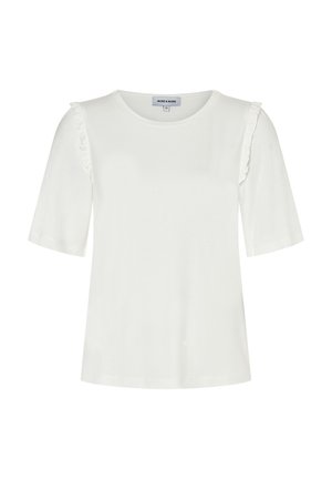 Weiße Kurzarmbluse mit rundem Ausschnitt und dezenten Rüschendetails entlang der Schulternähte, aus glattem Stoff gefertigt.