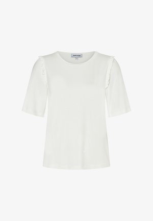 Weiße Kurzarmbluse mit rundem Ausschnitt und dezenten Rüschendetails entlang der Schulternähte, aus glattem Stoff gefertigt.