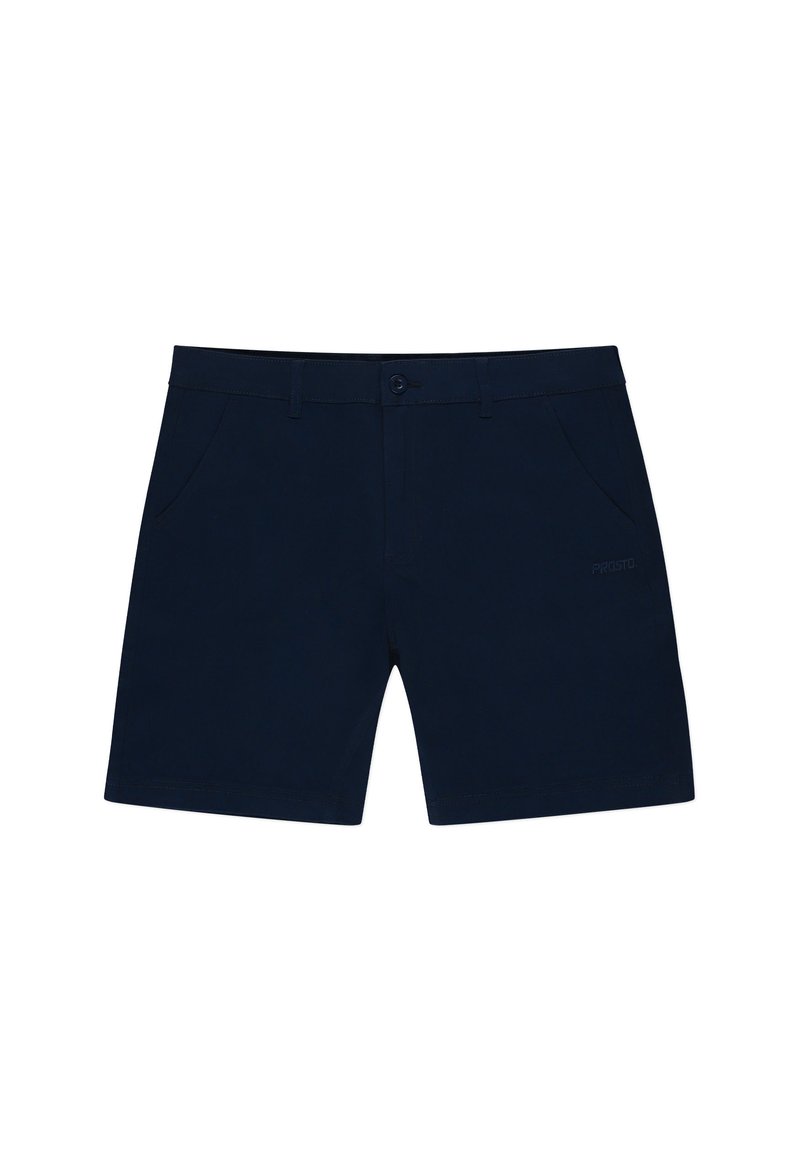 Granatowe szorty wykonane z lekkiego materiału, z dwoma bocznymi kieszeniami, z zapięciem na guzik oraz subtelnym logo marki z przodu.