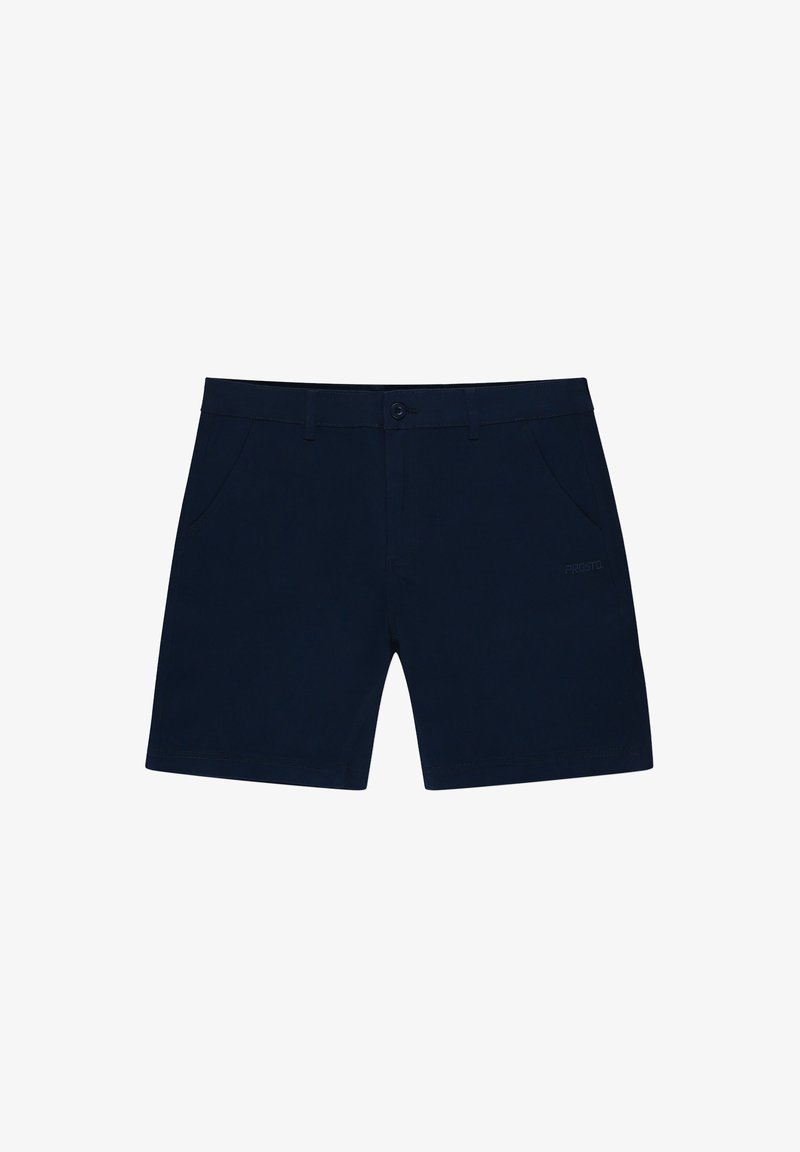 Granatowe szorty wykonane z lekkiego materiału, z dwoma bocznymi kieszeniami, z zapięciem na guzik oraz subtelnym logo marki z przodu.