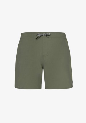 Shorts de bain verts en tissu léger, dotés d'une taille élastique avec un cordon de serrage noir et blanc et d'un logo discret sur le côté.