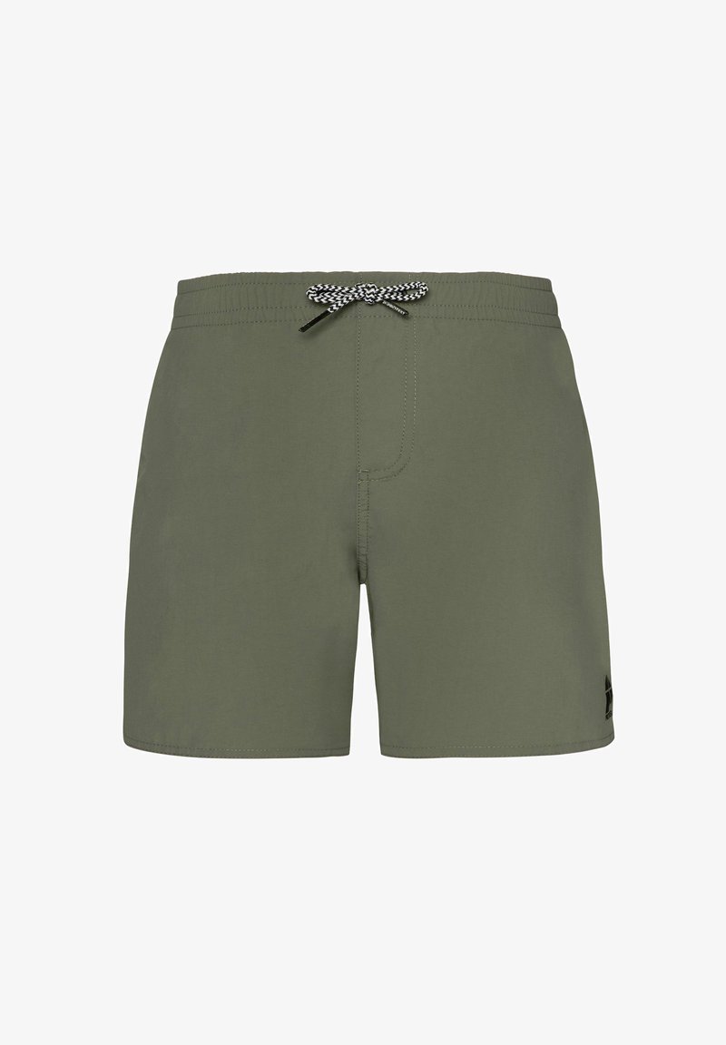 Zielone kąpielówki wykonane z lekkiego materiału, z elastycznym pasem w talii, czarnym i białym sznurkiem do regulacji oraz subtelnym logo po boku.