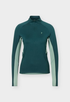 Dark teal long-sleeve athletic top with light teal side panels and quarter-zip collar, slim fit, and small logo on the chest.
