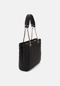 Quilted black faux leather handbag with dual leather and chain straps, featuring a zip closure and gold-tone hardware accents.