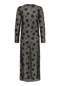 Abito lungo in pizzo nero con motivo floreale, che presenta accenti testurizzati. Il design include un reticolato a diamante e una silhouette dritta.