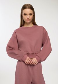 Felpa cropped in rosa polveroso, realizzata in tessuto morbido. Presenta spalle scese e polsini a coste, con una vestibilità rilassata e un design minimale.