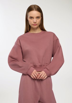 Felpa cropped in rosa polveroso, realizzata in tessuto morbido. Presenta spalle scese e polsini a coste, con una vestibilità rilassata e un design minimale.