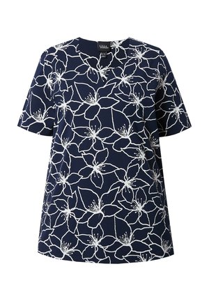 Ulla Popken FLOWER SHORT SLEEVE SPLIT NECK - T-shirts print - marine
