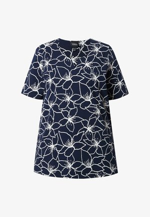 Ulla Popken FLOWER SHORT SLEEVE SPLIT NECK - T-shirt print - marine