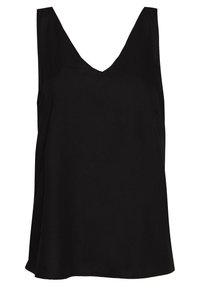 Černý bezrukávový top s hlubokým V-výstřihem, vyrobený z hladkého materiálu, s volným střihem a zakulaceným lemem, ideální na vrstvení.