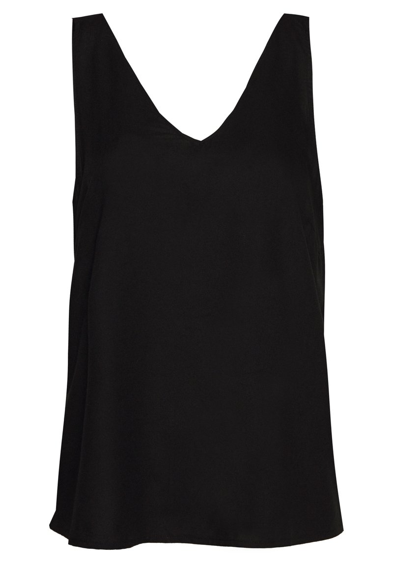 Černý bezrukávový top s hlubokým V-výstřihem, vyrobený z hladkého materiálu, s volným střihem a zakulaceným lemem, ideální na vrstvení.