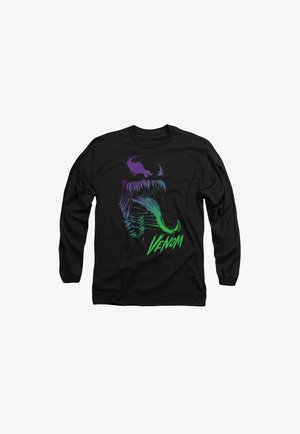 Black long-sleeve t-shirt featuring a purple and green graphic of a stylized monster face with the text "VENOM" in vibrant green.