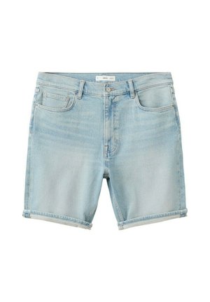 Svetlomodré riflové šortky s vyhrnutými lemy, predným gombíkom, zipsom, pútkami na opasok a piatimi vreckami, položené na bielom pozadí.