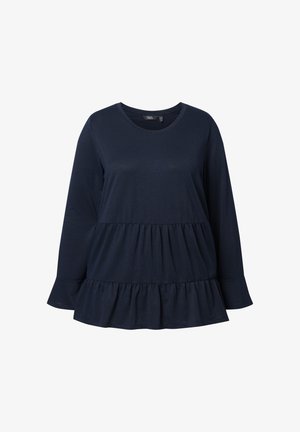 Maglietta a maniche lunghe blu navy in morbido tessuto con scollo rotondo, caratterizzata da dettagli a rouches a strati in vita e maniche svasate.