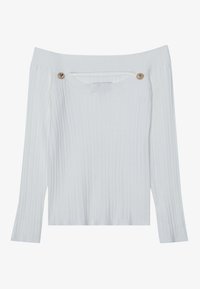 Balta, ribota džemperis bez plecu, izgatavots no mīksta materiāla, ar zelta krāsas pogām kā akcentiem un garām piedurknēm.