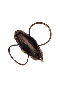 Bruine leren handtas met twee handvatten, rits sluiting en een gladde, glanzende afwerking. Aan de binnenkant heeft het een satijnen voering en één open pocket.