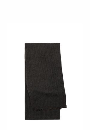 Ciemnoszary szalik wykonany z fakturowanego materiału, z delikatnym wzorem jodełki i postrzępionymi krawędziami. Płaski, prostokątny kształt.
