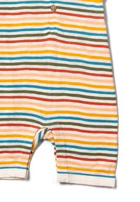 Gestreifter Jumpsuit aus weichem Stoff mit horizontalen Streifen in Gelb, Blau, Grün, Rot und Creme; Knopfdetail am Ausschnitt; offenes Beindesign.