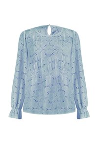Blusa de encaje azul claro con estampado floral, mangas largas con puños fruncidos y detalle de escote en forma de llave en la parte posterior. Textura delicada y diseño intrincado.