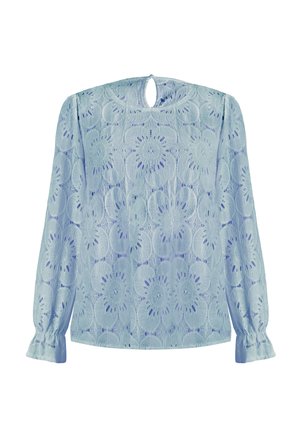 Lichtblauwe kant blouse met bloemenpatroon, lange mouwen met gather manchetten en een keyhole detail aan de achterkant. Fijne textuur en ingewikkeld ontwerp.