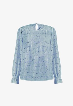 Lichtblauwe kant blouse met bloemenpatroon, lange mouwen met gather manchetten en een keyhole detail aan de achterkant. Fijne textuur en ingewikkeld ontwerp.