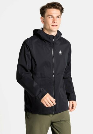 Black waterproof jacket with a hood, full zip closure, and logo detail. Features adjustable cuffs and a lightweight, smooth texture.