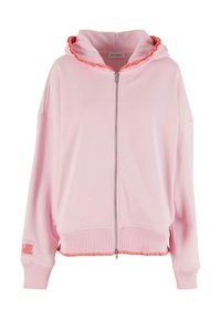 Felpa con zip rosa, dotata di cappuccio arricciato, bordo e polsini a costine, e una patch a forma di "love" sulla manica. Tessuto morbido con una superficie liscia.