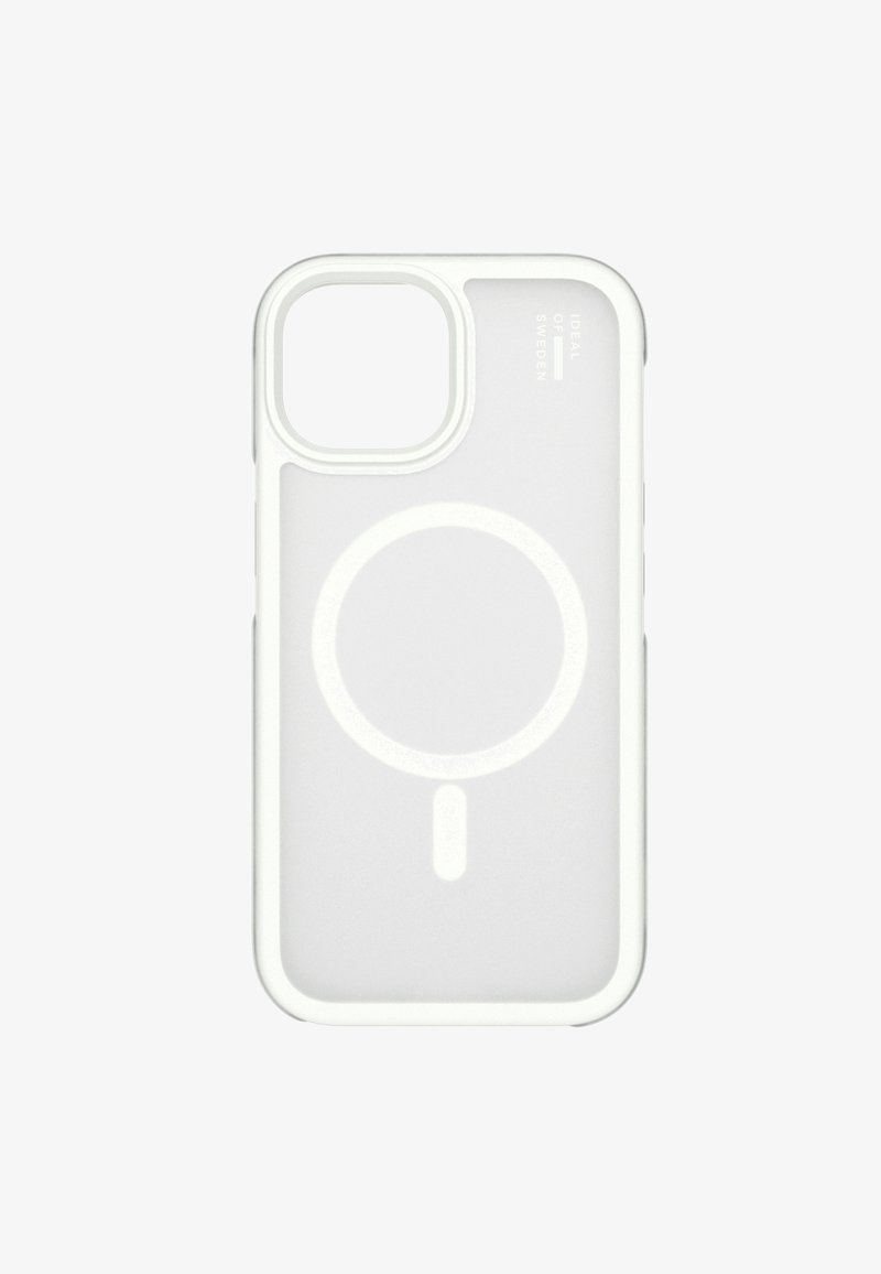 Przezroczyste białe etui na telefon z okrągłym wskaźnikiem ładowania MagSafe i dużym wycięciem na aparat w lewym górnym rogu.