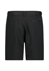Svarta shorts i lätt material, med en strukturerad midja, en ficka med dragkedja på sidan och en rak, åtsittande passform.