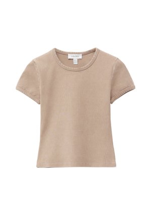 Beige short-sleeve crewneck cotton T-shirt with visible stitching and a fabric label at the neckline, laid flat on a white background.
