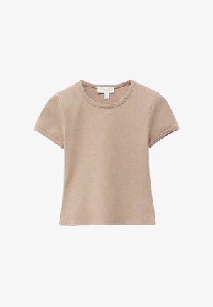 Beige short-sleeve crewneck cotton T-shirt with visible stitching and a fabric label at the neckline, laid flat on a white background.