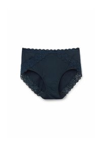 Donkerblauwe katoenen slips met kantafwerking, voorzien van bloem- en geometrische patronen, een gladde textuur en een middellange pasvorm voor extra comfort.