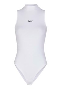 Fehér, ujjatlan bodyn, magas nyakkivágással és fekete "love" felirattal a középen. Sima, rugalmas anyagból készült, testhezálló fazonú, alacsony kivágású lábnyílásokkal.