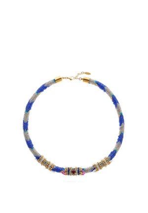 Beaded necklace with blue and silver beads, gold accents, a red central gem, and a gold clasp with an adjustable chain.